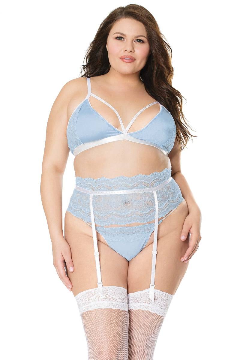 Coquette - 21110X - Plus Size Bra Garter Belt and G-string Set - Blue/White - XXL - Stag Shop