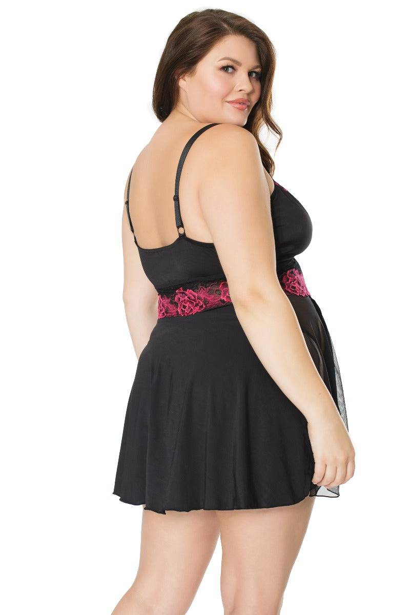 Coquette - 21124X - Plus Size Babydoll and G-String Set - Black/Fuchsia - OS/XL - Stag Shop