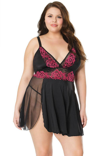 Coquette - 21124X - Plus Size Babydoll and G-String Set - Black/Fuchsia - OS/XL - Stag Shop