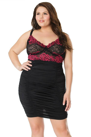 Coquette - 21125X - Plus Size Chemise - Black/Fuchsia - Stag Shop