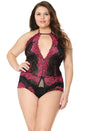 Coquette - 21126X - Plus Size Crotchless Lace Teddy - Black/Fuchsia - OS/XL - Stag Shop