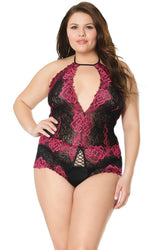Coquette - 21126X - Plus Size Crotchless Lace Teddy - Black/Fuchsia - OS/XL - Stag Shop