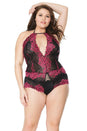 Coquette - 21126X - Plus Size Crotchless Lace Teddy - Black/Fuchsia - OS/XL - Stag Shop