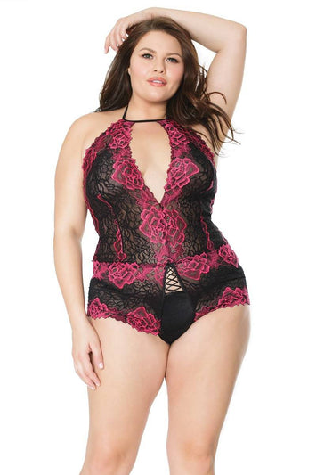 Coquette - 21126X - Plus Size Crotchless Lace Teddy - Black/Fuchsia - OS/XL - Stag Shop