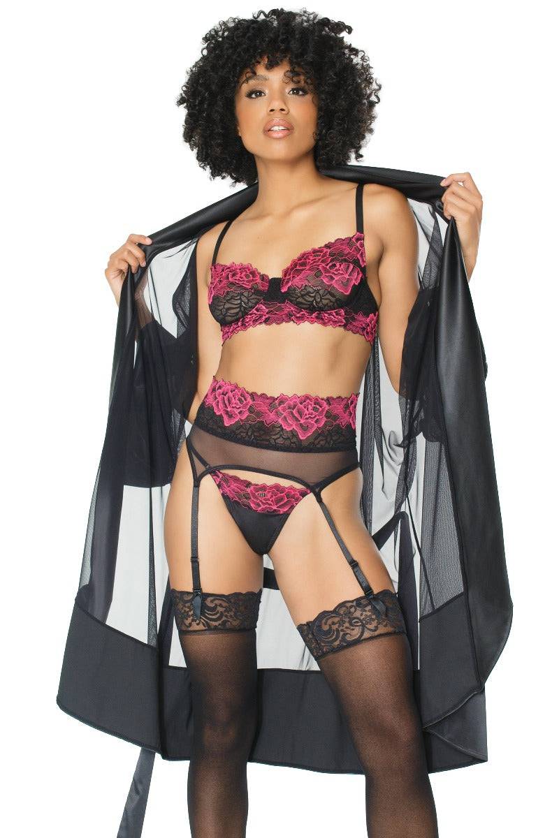 Coquette - 21127 - Bra Garter Belt & G-string Set - Black/Fuchsia - Stag Shop