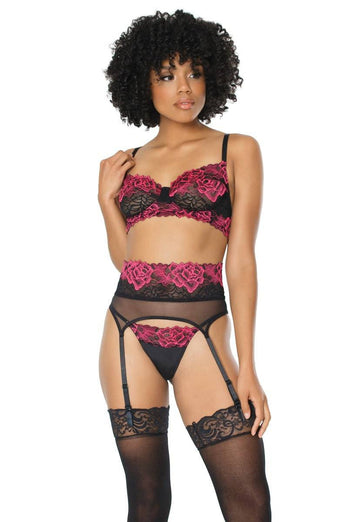 Coquette - 21127 - Bra Garter Belt & G-string Set - Black/Fuchsia - Stag Shop