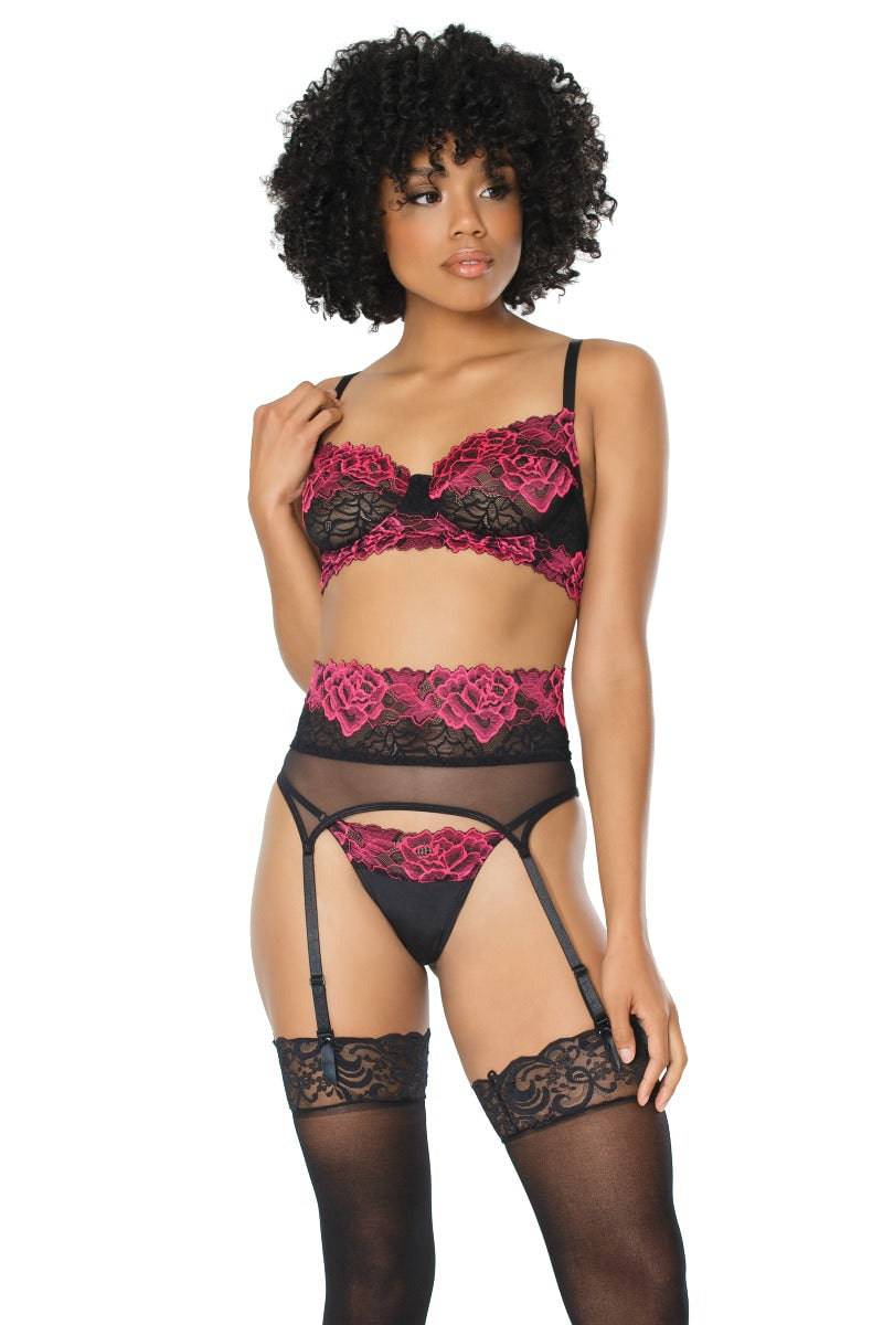 Coquette - 21127 - Bra Garter Belt & G-string Set - Black/Fuchsia - Stag Shop