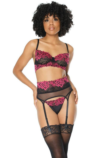 Coquette - 21127 - Bra Garter Belt & G-string Set - Black/Fuchsia - Stag Shop