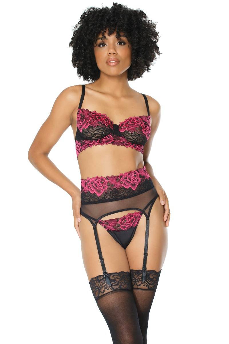 Coquette - 21127 - Bra Garter Belt & G-string Set - Black/Fuchsia - Stag Shop