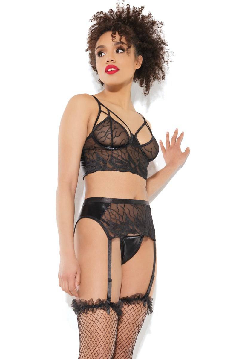 Coquette - 21223 - Longline Bra Garter Belt & G-string Set - Black - Stag Shop