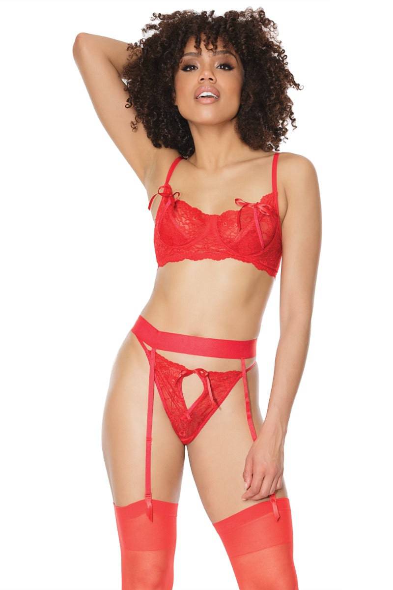 Coquette - 21308 - Bra Garter Belt & G-String Set - Cranberry - Stag Shop