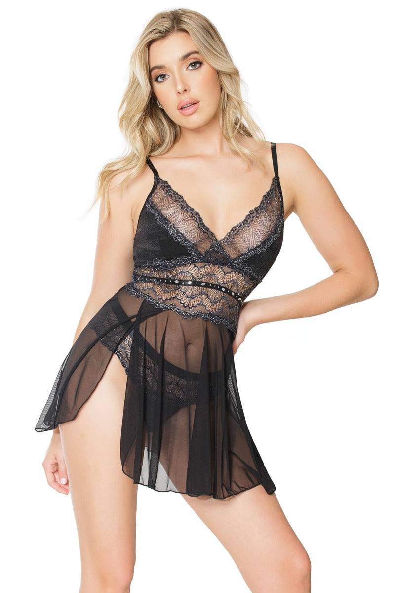 Coquette - 21312 - Babydoll & Thong Set - Black/Silver - Stag Shop