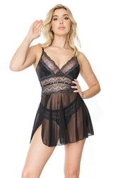 Coquette - 21312 - Babydoll & Thong Set - Black/Silver - Stag Shop