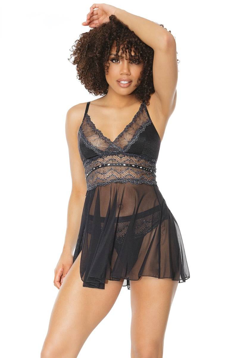 Coquette - 21312 - Babydoll & Thong Set - Black/Silver - Stag Shop