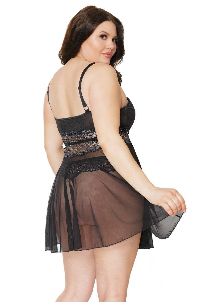 Coquette - 21312 Plus - Babydoll & Thong Set - Black/Silver - Stag Shop