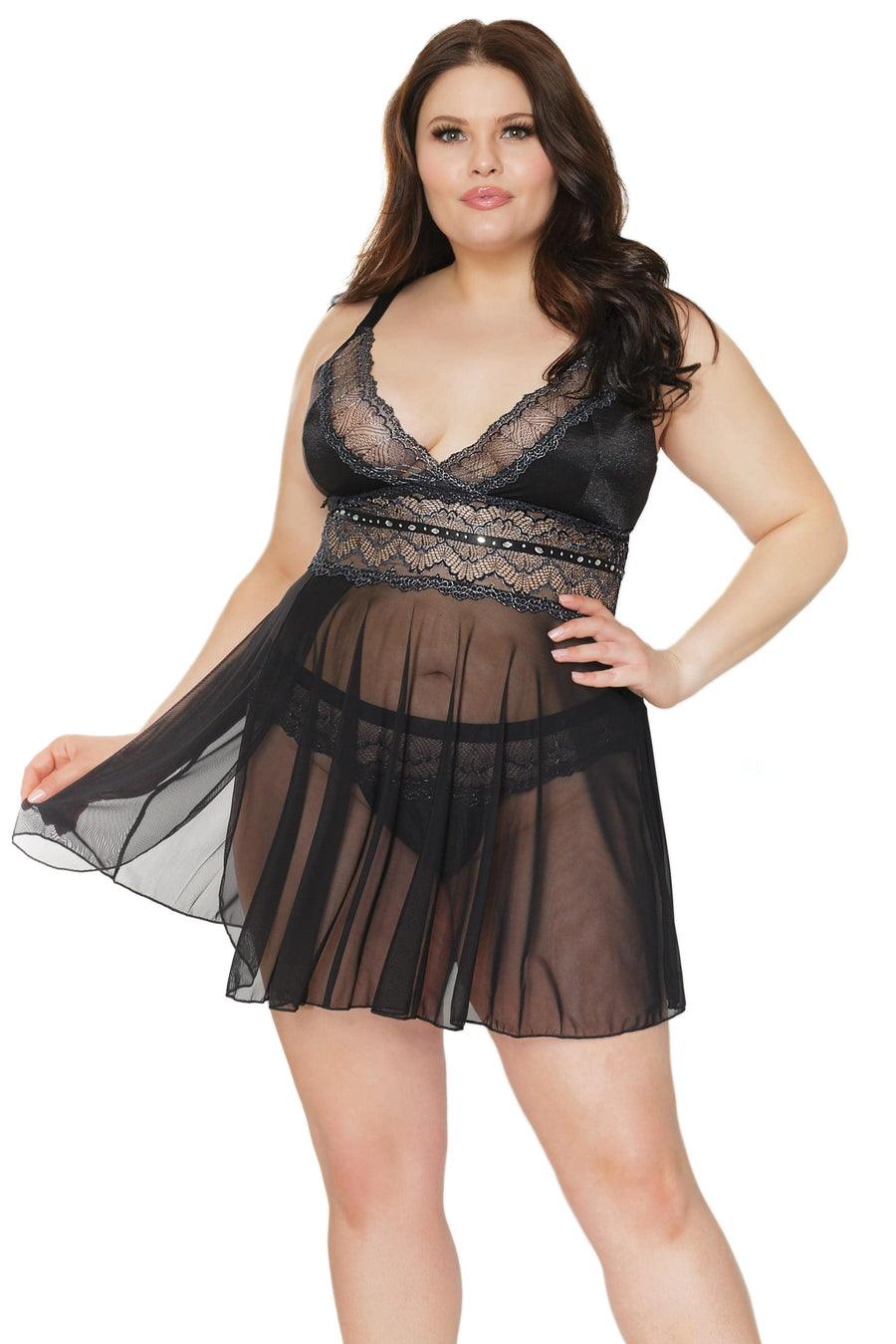 Coquette - 21312 Plus - Babydoll & Thong Set - Black/Silver - Stag Shop