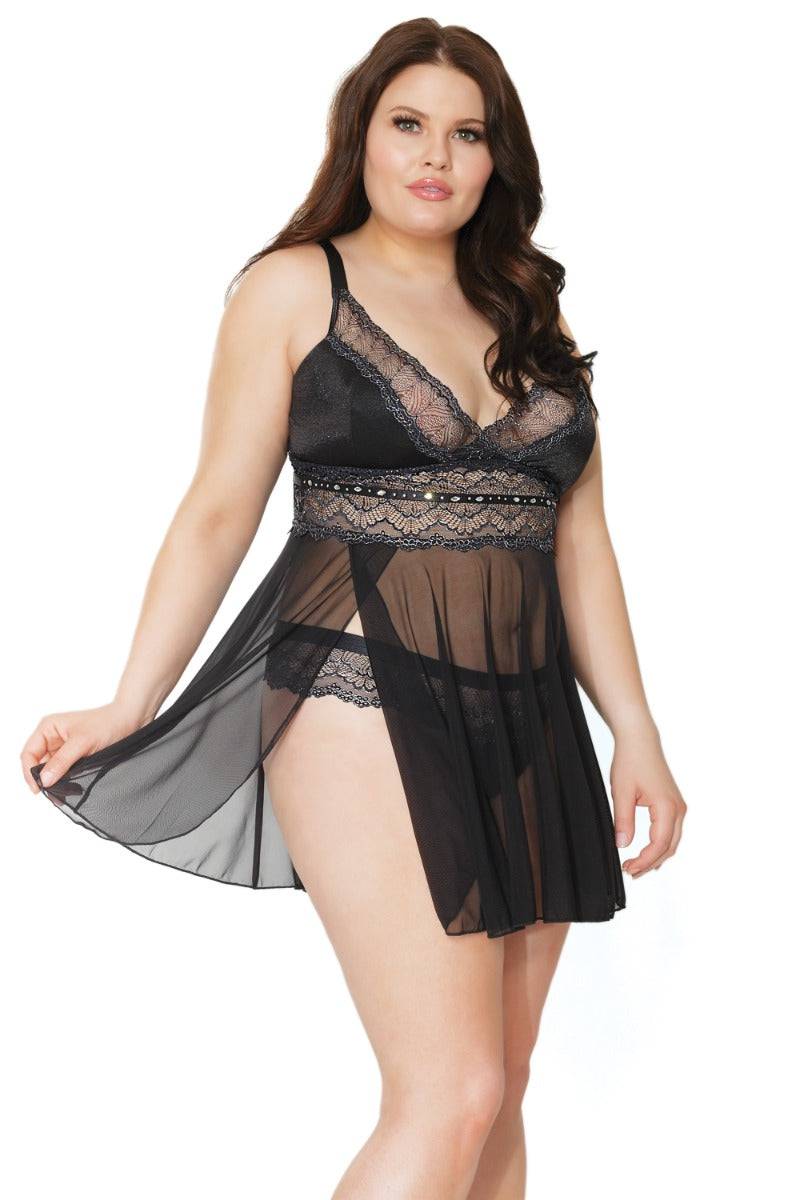Coquette - 21312 Plus - Babydoll & Thong Set - Black/Silver - Stag Shop