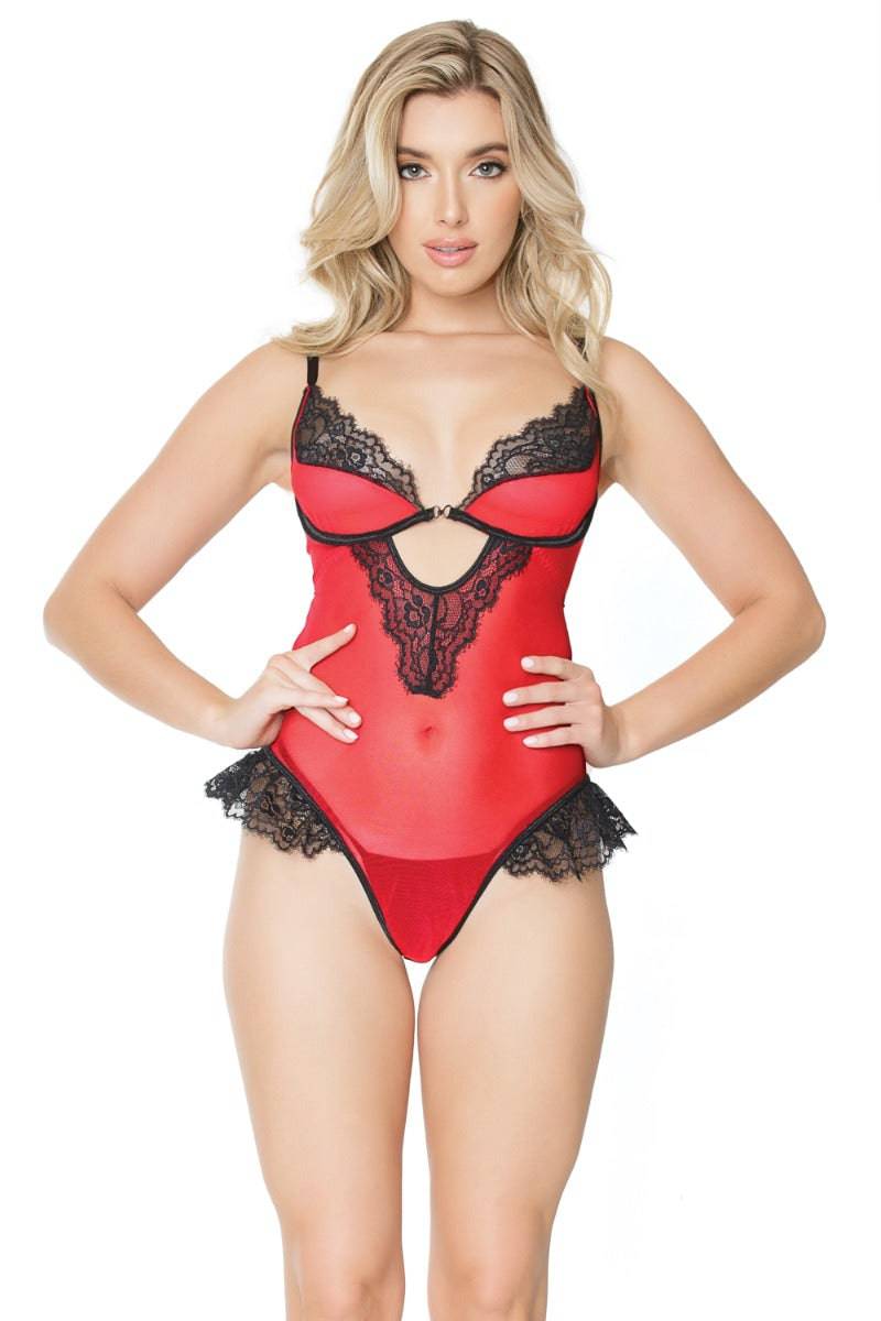 Coquette - 21322 - Crotchless Teddy - Red/Black - OS - Stag Shop