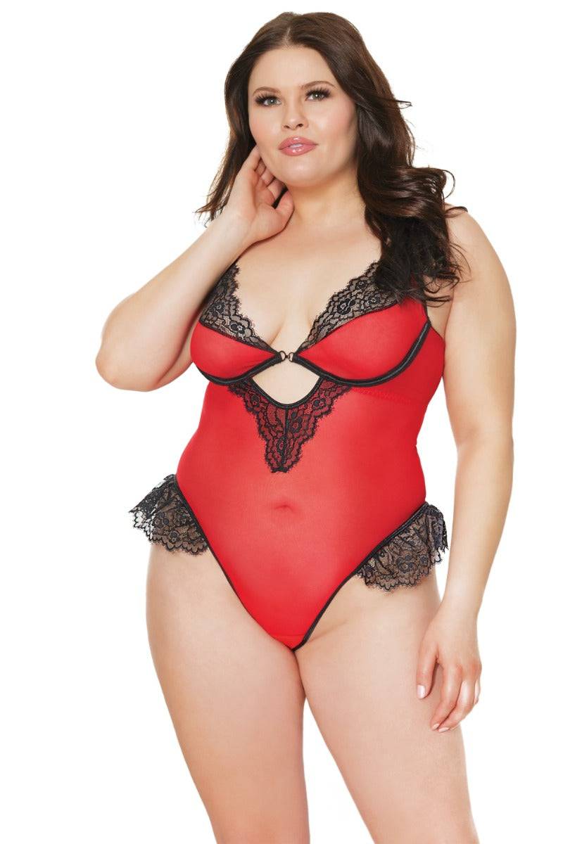 Coquette - 21322 Plus - Crotchless Teddy - Red/Black - OS/XL - Stag Shop