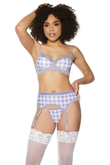 Coquette - 21501 - Bra Garter Belt & G-string Set - Grey/Pink - Stag Shop