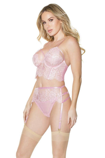 Coquette - 21505 - Bra Garter Belt & Panty Set - Pink - Stag Shop