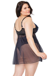 Coquette - 22103 PLUS - Babydoll & Thong Set - Black/Blue - Stag Shop