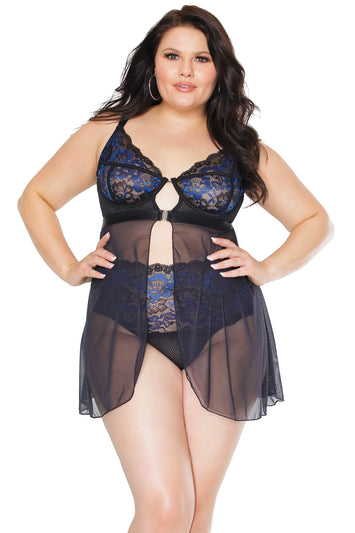 Coquette - 22103 PLUS - Babydoll & Thong Set - Black/Blue - Stag Shop