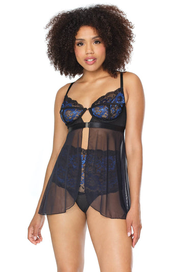 Coquette - 22103 - Babydoll & Thong Set - Black/Blue - Stag Shop
