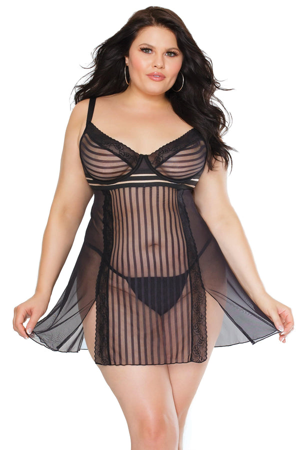 Coquette - 22108 PLUS - Babydoll & G-String Set - Black - Stag Shop