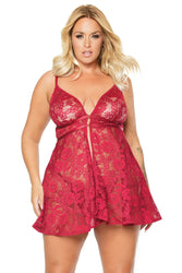 Coquette - 22111 PLUS - Babydoll & Thong Set - Ruby Red - OS/XL - Stag Shop