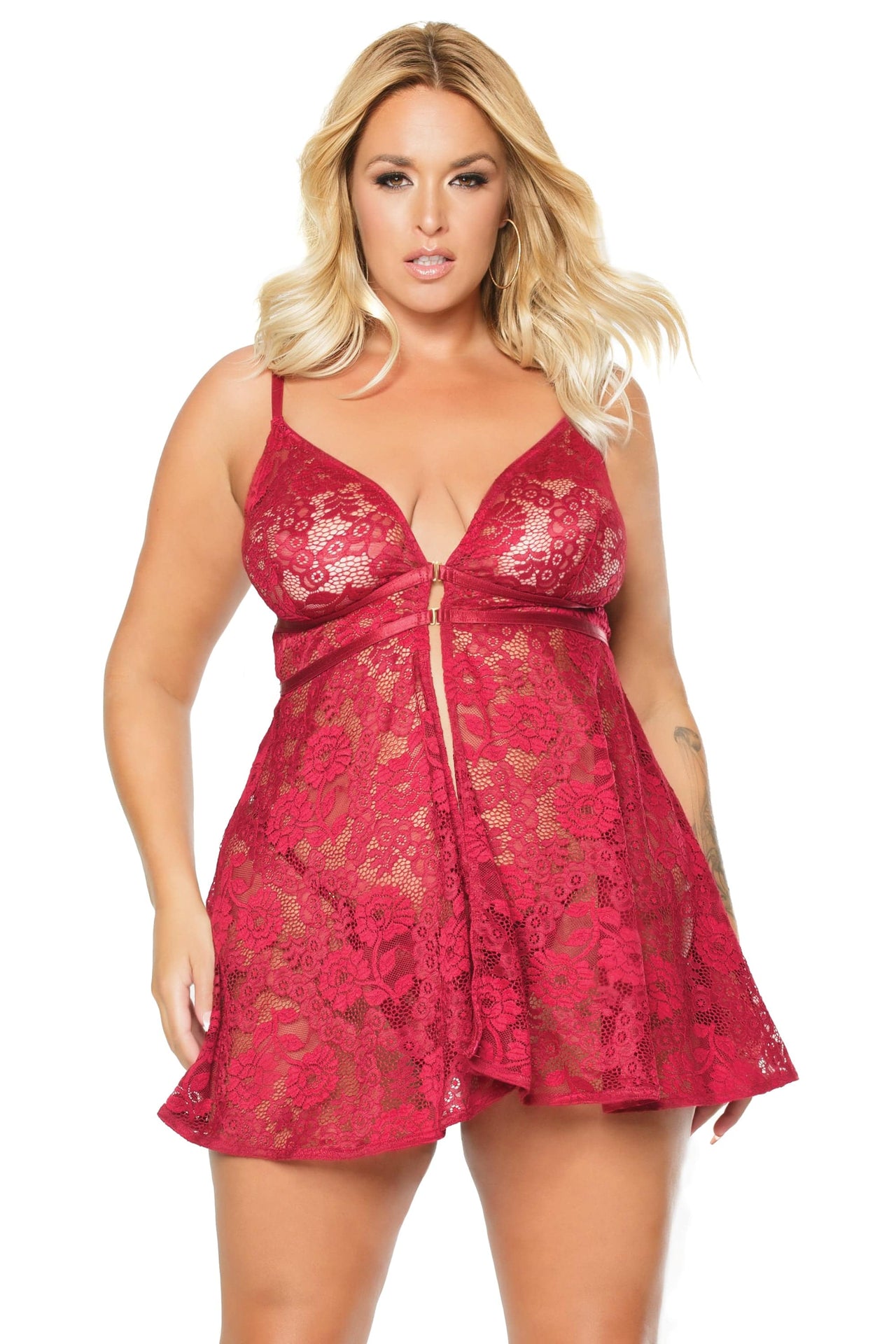 Coquette - 22111 PLUS - Babydoll & Thong Set - Ruby Red - OS/XL - Stag Shop
