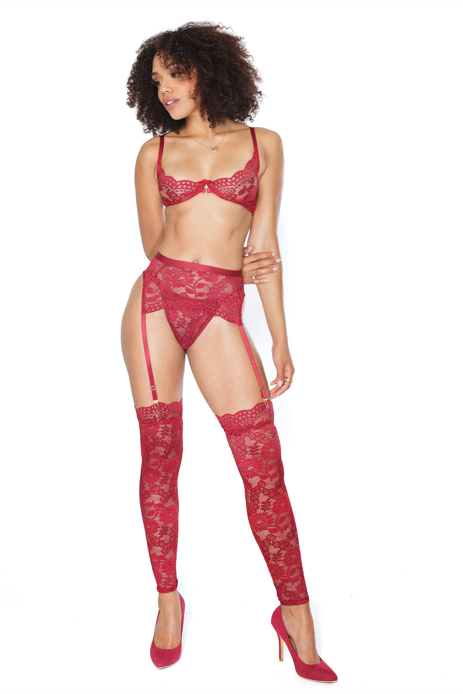 Coquette - 22114 - Demi Cup Bra, Garter Belt & Thong Set - Ruby Red - Stag Shop