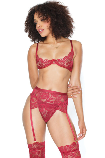 Coquette - 22114 - Demi Cup Bra, Garter Belt & Thong Set - Ruby Red - Stag Shop