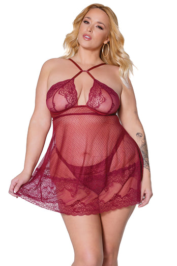 Coquette - 22312X - Babydoll & Thong - Merlot - Stag Shop