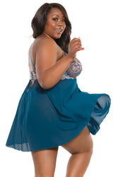 Coquette - 23118X - Babydoll & Thong - Teal/Rose Gold - Stag Shop