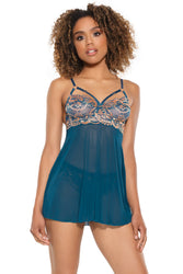 Coquette - 23118 - Babydoll & Thong - Teal/Rose Gold - Stag Shop