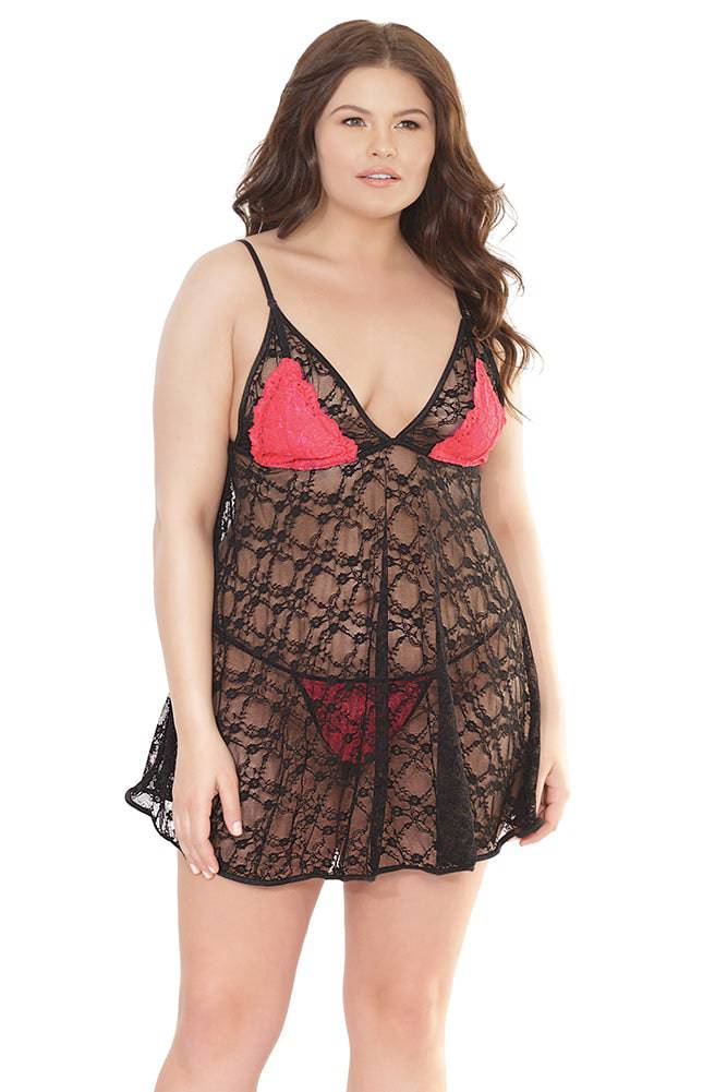 Coquette - 2514X - Babydoll & Crotchless G-String Set - OS/XL - Black/Red - Stag Shop