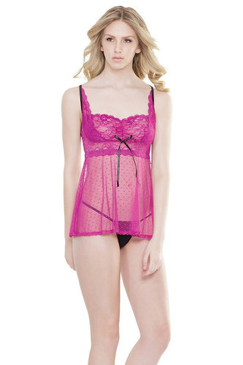 Coquette - 2524 - Babydoll & Crotchless G-String Set - OS - Magenta - Stag Shop