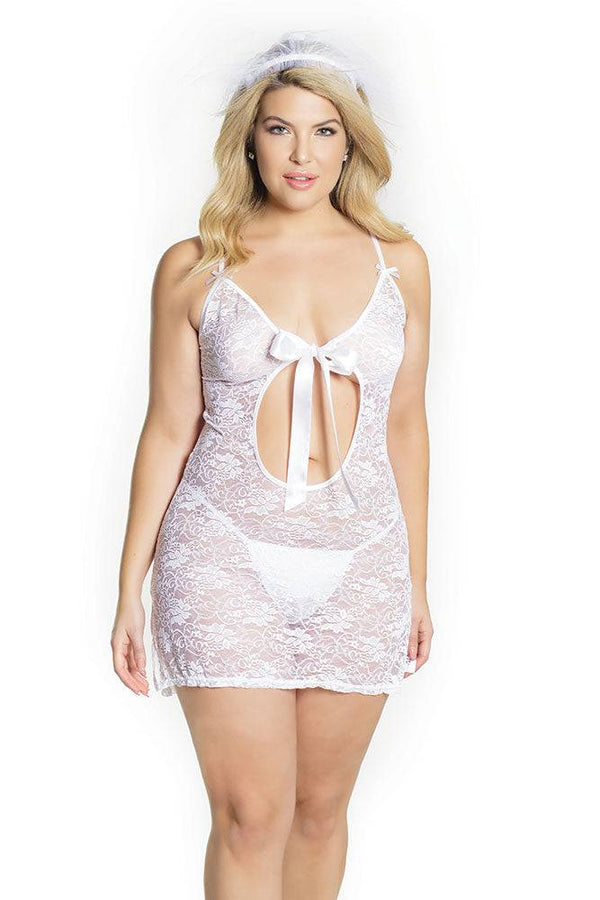 Coquette - 2577X - Bridal Chemise & Veil Set - White - OSXL - Stag Shop