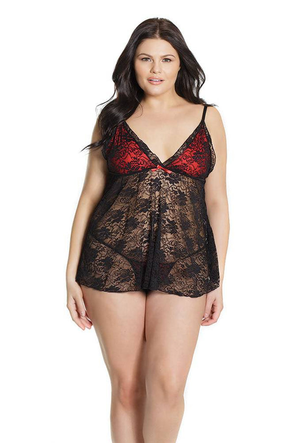 Coquette - 2587X - Babydoll & G-String Set - Black/Red - OSXL - Stag Shop