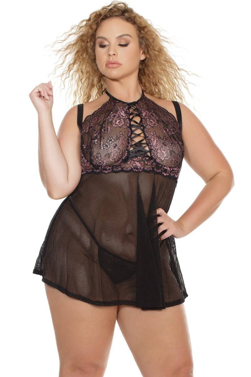 Coquette - 3837 - Babydoll & G-string - Black/Lilac - Stag Shop