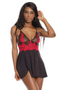 Coquette - 3867 - Embroidered Babydoll & G-String Set - Black/Red - OS - Stag Shop