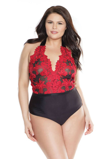 Coquette - 3868X - Plus Size Embroidered Teddy - Black/Red - OSXL - Stag Shop
