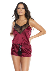 Coquette - 3872 - Satin Romper - Merlot/Black - OS - Stag Shop