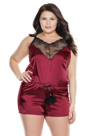 Coquette - 3872X - Satin Romper - Merlot/Black - OSXL - Stag Shop