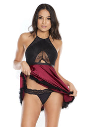 Coquette - 3873 - Marabou Babydoll & G-String Set - Merlot/Black - OS - Stag Shop