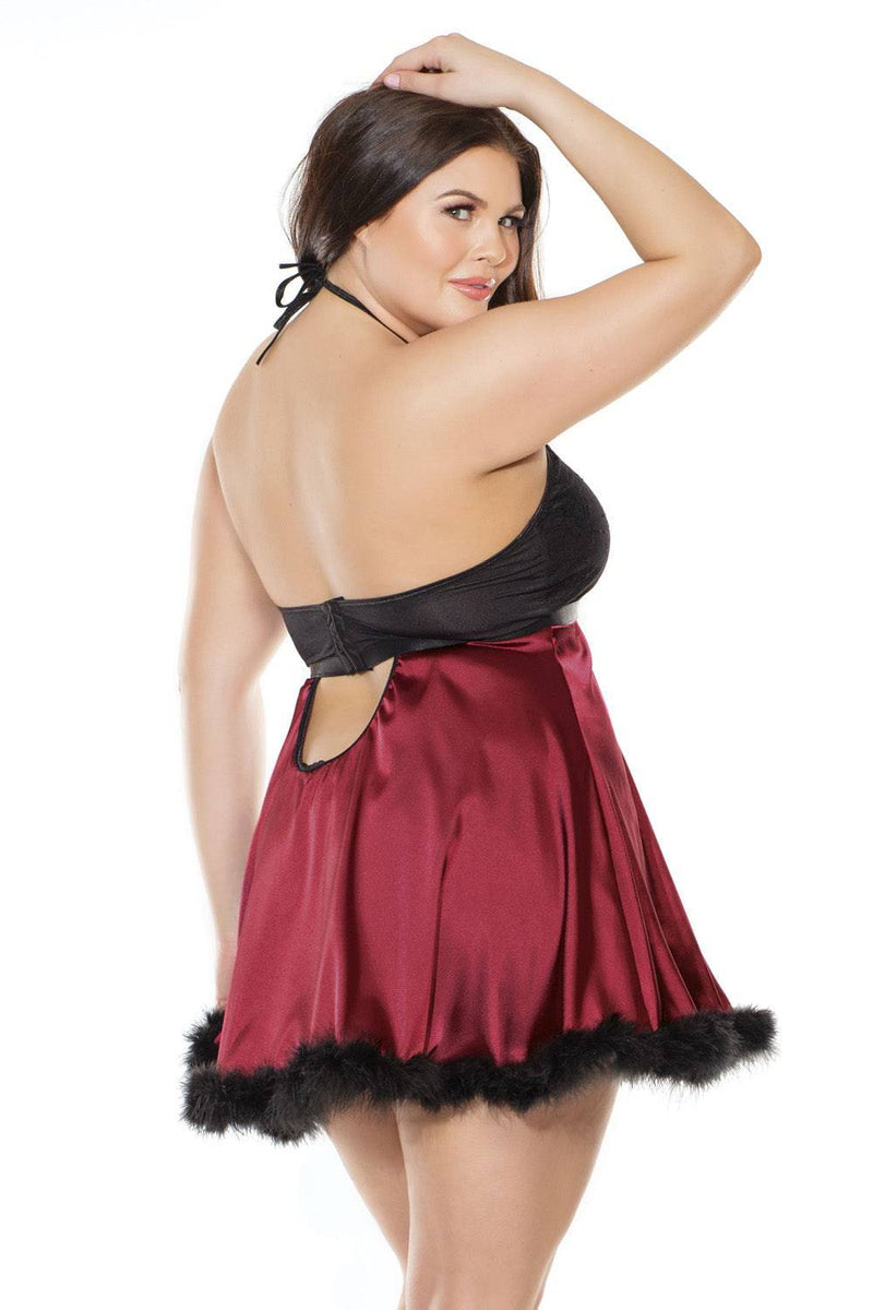 Coquette - 3873X - Plus Size Marabou Babydoll & G-String Set - Merlot/Black - OSXL - Stag Shop