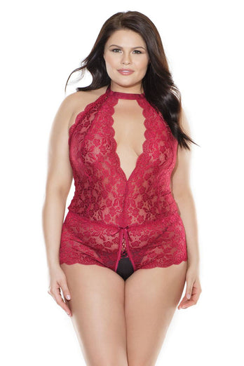 Coquette - 3876X - Crotchless Lace Teddy - Merlot - OSXL - Stag Shop