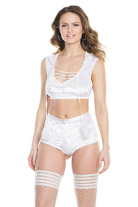 Thumbnail for Coquette - 3878 - Velvet Crop Top & Booty Short Set - White - OS - Stag Shop