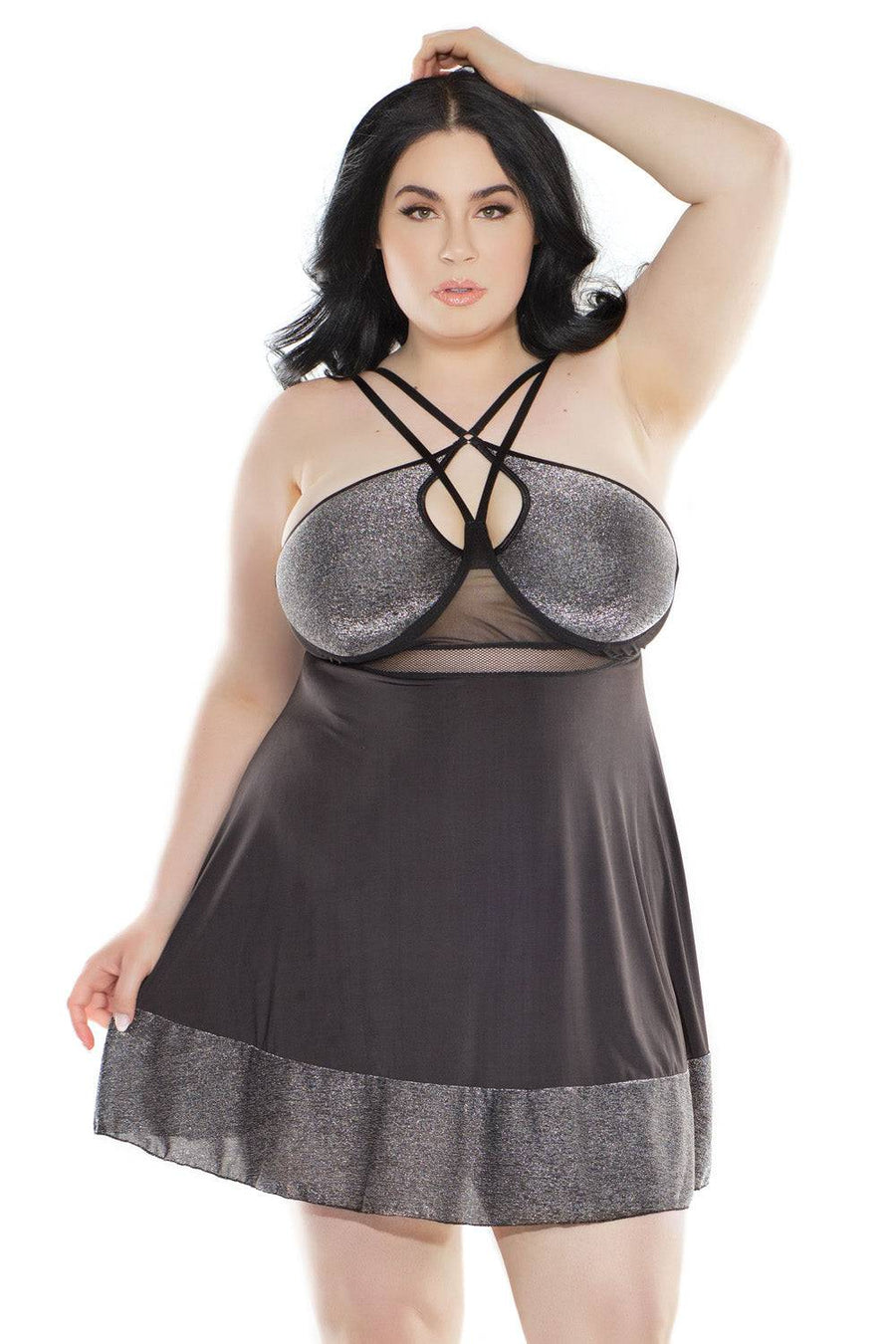 Coquette - 3883 - Babydoll & G-String Set - Black/Silver - Stag Shop